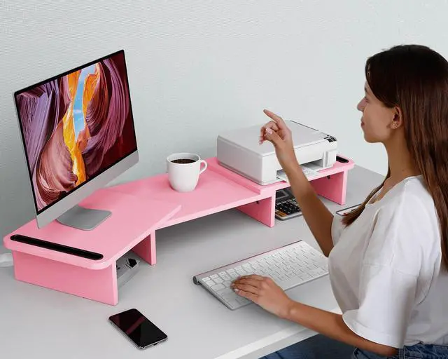 Alt view image 5 of 5 - Zimilar Dual Monitor Stand Riser, Monitor Stand with Adjustable Length and Angle, Wood Monitor Stand for Desk, Monitor Riser for 2 Monitors with Storage Space