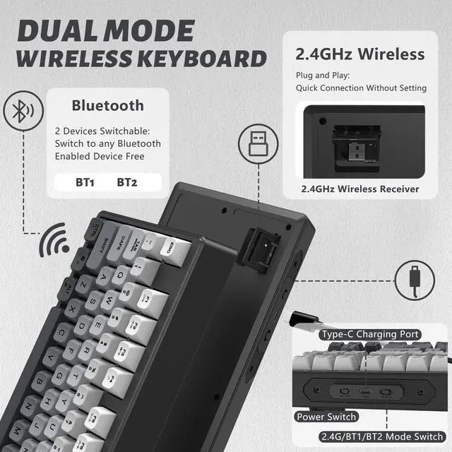 Alt view image 2 of 5 - ZIYOU LANG X Attack Shark M87 75% Wireless Gaming Keyboard Mechanical Feel Silent Rainbow Backlit Bluetooth/2.4Ghz PBT Gradient Keycaps Rechargeable 4000mAH Battery Ergonomic for MAC/Win/PC-Moonnight