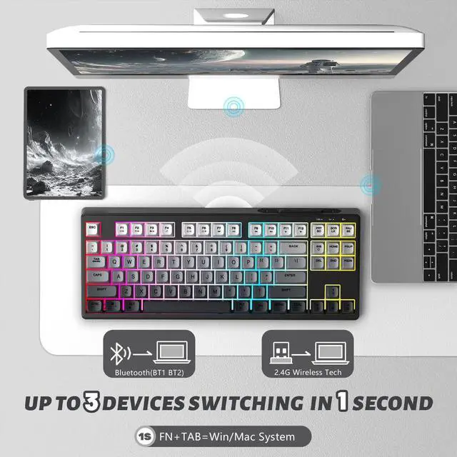 Alt view image 3 of 5 - ZIYOU LANG X Attack Shark M87 75% Wireless Gaming Keyboard Mechanical Feel Silent Rainbow Backlit Bluetooth/2.4Ghz PBT Gradient Keycaps Rechargeable 4000mAH Battery Ergonomic for MAC/Win/PC-Moonnight