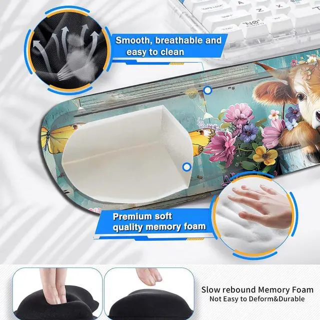 Alt view image 4 of 5 - Large Gaming Mouse Pad+ Keyboard Wrist Rest Set, Ergonomics Memory Foam Mouse Mat Wrist Rest Support for Home Office, Waterproof Extended Mousepad 31.5x11.8in, Cute Baby Cow in Bucket Desk Pad