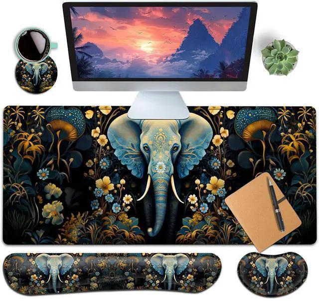 Main image of Large Gaming Mouse Pad+ Keyboard Wrist Rest Set, Ergonomics Memory Foam Mouse Mat Wrist Rest Support, Waterproof Extended Mousepad 31.5x11.8in, Flowers Ornate Elephant Desk Pad