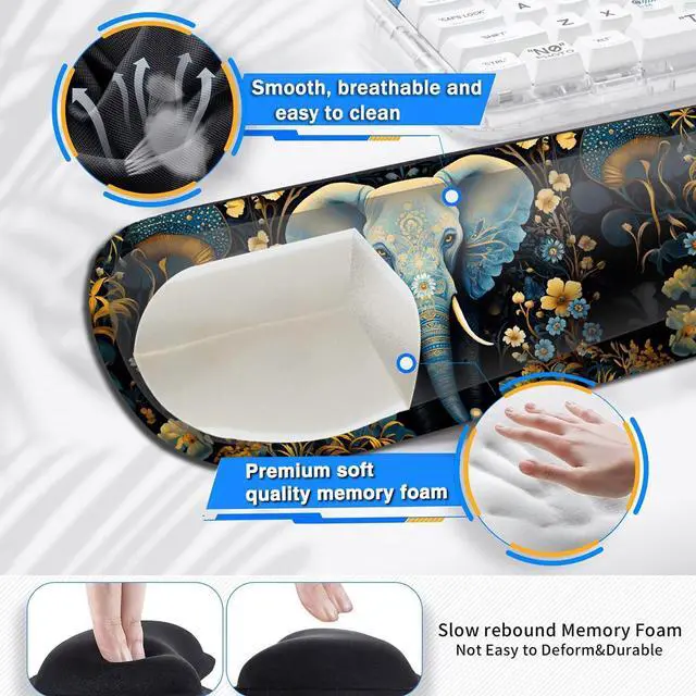 Alt view image 4 of 5 - Large Gaming Mouse Pad+ Keyboard Wrist Rest Set, Ergonomics Memory Foam Mouse Mat Wrist Rest Support, Waterproof Extended Mousepad 31.5x11.8in, Flowers Ornate Elephant Desk Pad