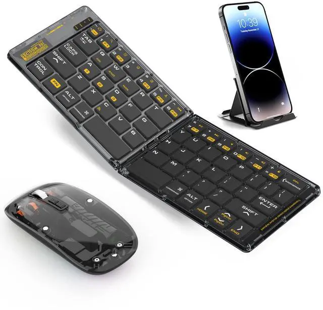 Main image of Foldable & Folding Wireless Keyboard Set Combo for iPad, Transparent Bluetooth Typepad & Mouse, Compatible with iOS, Windows, Android, Smartphones, Laptops, etc.