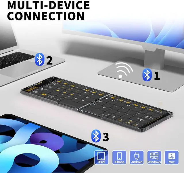 Alt view image 2 of 5 - Foldable & Folding Wireless Keyboard Set Combo for iPad, Transparent Bluetooth Typepad & Mouse, Compatible with iOS, Windows, Android, Smartphones, Laptops, etc.