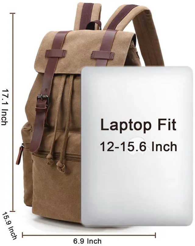 Alt view image 3 of 5 - VAZUOOL Canvas Laptop Backpack, Vintage Daypack for Men Women, Travel Rucksack Knapsack Work College Computer Bag Bookbag Fits 15.6 Inch Laptop, Brown