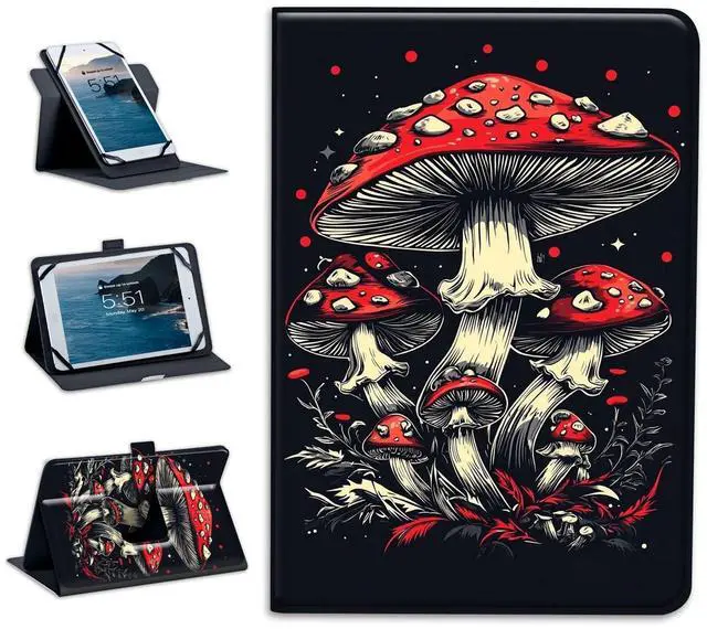 Main image of Universal Tablet Case 10.1 Inch Android Tablet Cover 360-Degree Rotation Viewing Stand Folio PU Leather Covers for All Kinds of 9-10.5 Inch Android/iOS/Windows Tablets Cases,Black Red Mushrooms