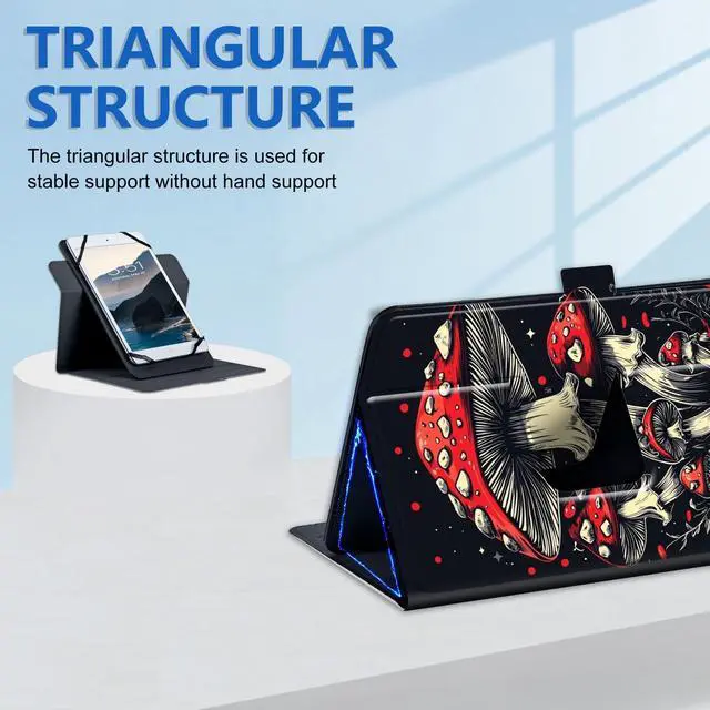 Alt view image 4 of 5 - Universal Tablet Case 10.1 Inch Android Tablet Cover 360-Degree Rotation Viewing Stand Folio PU Leather Covers for All Kinds of 9-10.5 Inch Android/iOS/Windows Tablets Cases,Black Red Mushrooms