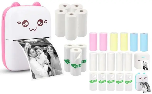 Main image of Vicbear Mini Pocket Printer Set with 8 Rolls Printing Paper + 16 Rolls Thermal Paper Set, Including Sticker/Colored Plain/White Plain Paper, Pink