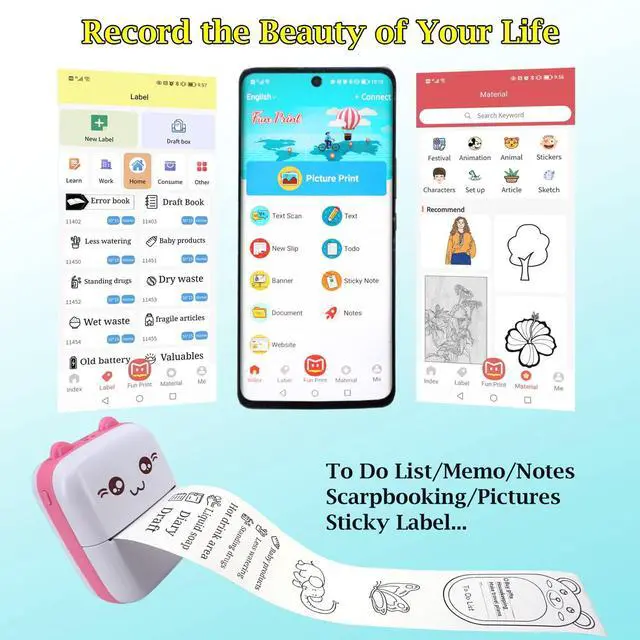 Alt view image 3 of 5 - Vicbear Mini Pocket Printer Set with 8 Rolls Printing Paper + 16 Rolls Thermal Paper Set, Including Sticker/Colored Plain/White Plain Paper, Pink