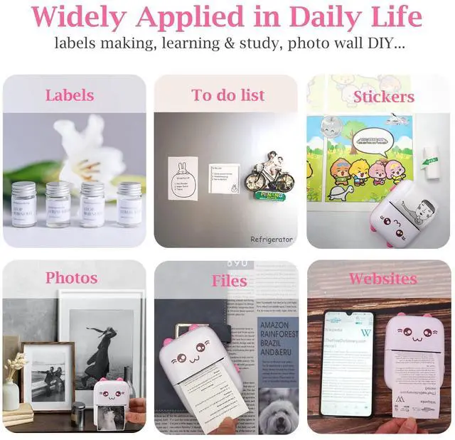 Alt view image 4 of 5 - Vicbear Mini Pocket Printer Set with 8 Rolls Printing Paper + 16 Rolls Thermal Paper Set, Including Sticker/Colored Plain/White Plain Paper, Pink