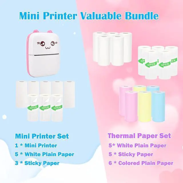 Alt view image 2 of 5 - Vicbear Mini Pocket Printer Set with 8 Rolls Printing Paper + 16 Rolls Thermal Paper Set, Including Sticker/Colored Plain/White Plain Paper, Pink