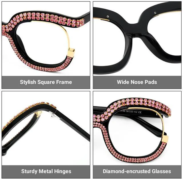 Alt view image 3 of 5 - Zeelool Stylish Square Glasses Diamond-Encrusted Glasses Blue Light Blocking Glasses Anti Eyestrain Glasses Oversized ZJGX095217 Pink