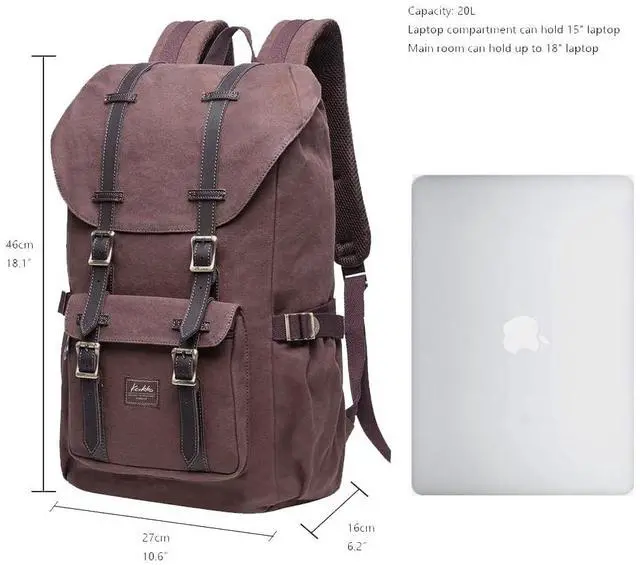 Alt view image 2 of 5 - KAUKKO Travel Laptop Backpack, Outdoor Rucksack, Causal Backpack Fits 15.6"(Canvas Coffee)
