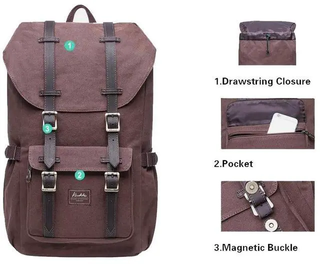 Alt view image 3 of 5 - KAUKKO Travel Laptop Backpack, Outdoor Rucksack, Causal Backpack Fits 15.6"(Canvas Coffee)