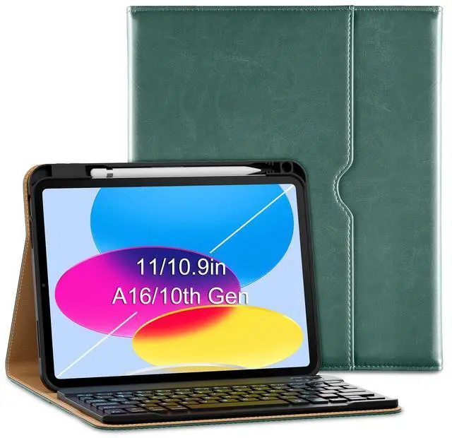 Main image of VIKESI Keyboard Case for iPad (A16,2025) 11th Generation/iPad 10th Generation Case (10.9" 2022),Premium Leather Smart Cover,Built-in Breathing Light,Function Row,Pencil Holder,Card Slots - Green