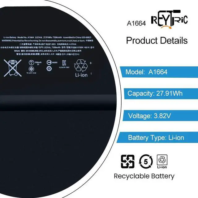 Alt view image 2 of 5 - REYTRIC A1664 Battery Compatible iPad Pro 9.7 2016 Edition A1673 A1674 A1675 with Installation Tools 3.82V 7306mAh 27.91Whr