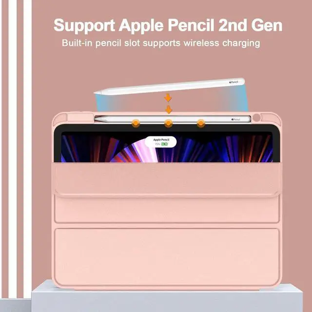 Alt view image 2 of 5 - ZryXal New iPad Pro 11 Inch Case 2022(4th Gen)/2021(3rd Gen)/2020(2nd Gen) with Pencil Holder,Smart iPad Case [Support Touch ID and Auto Wake/Sleep] with Auto 2nd Gen Pencil Charging (Rose Gold)