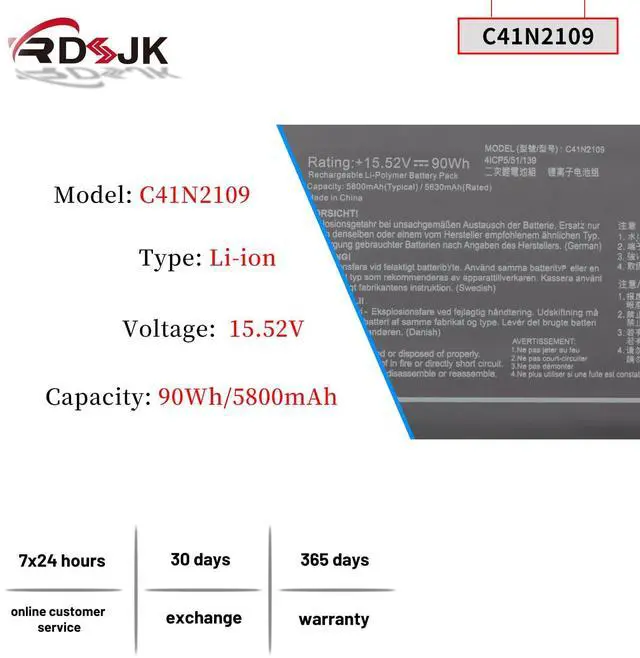 Alt view image 2 of 5 - C41N2109 Laptop Battery for ASUS Rog Flow X16 GV601RE GV601RW GV601RM GV601VI GV601VU GV601VV Strix G16 G614JI G614JU G614JV G614JZ G18 G814JI G814JU G814JV ROG Zephyrus M16 GU604VI GU604VY GU604VZ