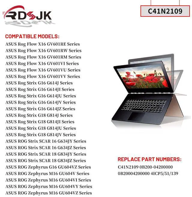 Alt view image 3 of 5 - C41N2109 Laptop Battery for ASUS Rog Flow X16 GV601RE GV601RW GV601RM GV601VI GV601VU GV601VV Strix G16 G614JI G614JU G614JV G614JZ G18 G814JI G814JU G814JV ROG Zephyrus M16 GU604VI GU604VY GU604VZ