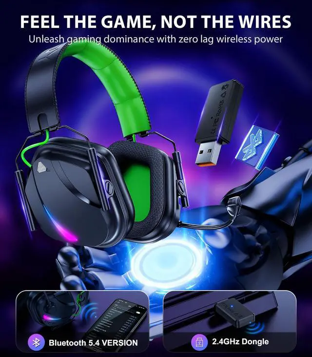 Alt view image 2 of 5 - Vakedy HW12 Wireless Gaming Headset with Microphone 2.4GHz Bluetooth Gaming Headphones Wireless of Duty/FPS Gamers,50Hr Battery Life Gamer Headset for PS5, PS4, PC, Switch, Mac