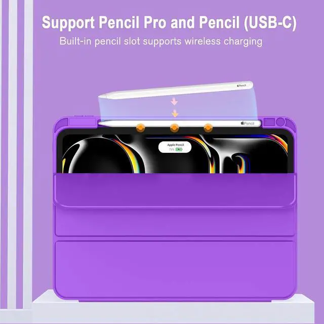 Alt view image 2 of 5 - ZryXal 2024 iPad Pro 11 Inch Case M4 (5th Generation) with Pencil Holder, Smart iPad Case [Support Pencil Pro and Pencil (USB-C)], Support Touch ID and Auto Wake/Sleep (Grape Purple)