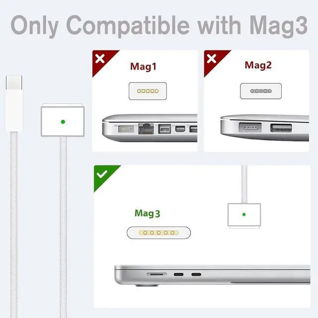 Alt view image 2 of 5 - 96W 70W USB-C to Mag 3 Charger for Mac Book Pro Air 16 15 14 13 Inch M4 M3 M2 M1 from 2025 2024 2023 2022 2021 as Original Quality with 6.6ft USBC to 3 Cable Compatible with All USB C Power Adapter