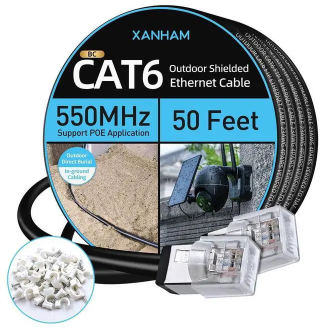 Main image of XANHAM Cat6 Shielded Outdoor Ethernet Cable 50 Feet Waterproof and UV Resistant Direct Burial Jacket 23AWG Solid Copper Cat 6 FTP Network Cable, for POE and Internet Cabling Application