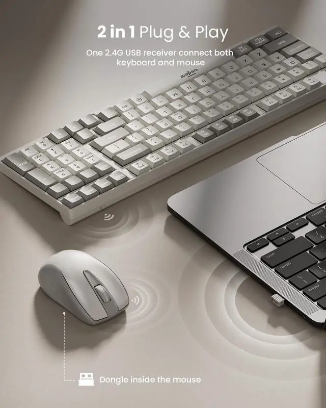 Alt view image 2 of 5 - 2.4G Wireless Keyboard and Mouse Combo with Silent Touch, One-Key to Switch Windows, Mac OS, Quiet Soft Click, Compact Full-Size (98 Keys) Typewriter Keyboard for PC, Desktop, Laptop, MacBook- White