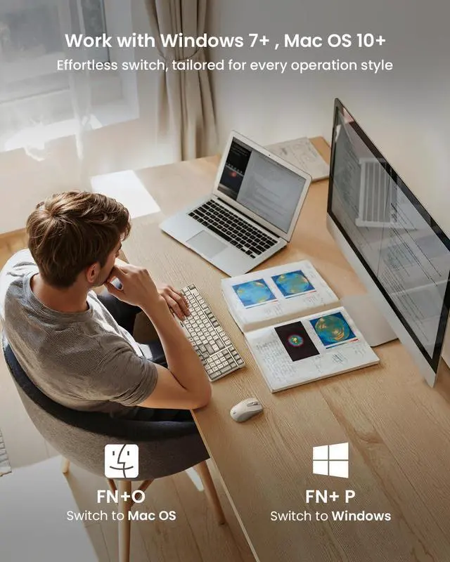 Alt view image 3 of 5 - 2.4G Wireless Keyboard and Mouse Combo with Silent Touch, One-Key to Switch Windows, Mac OS, Quiet Soft Click, Compact Full-Size (98 Keys) Typewriter Keyboard for PC, Desktop, Laptop, MacBook- White