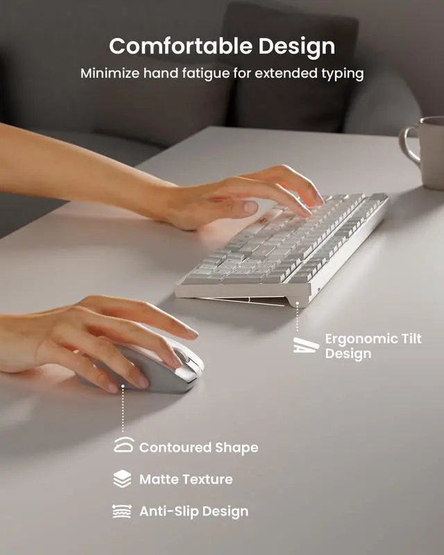 Alt view image 5 of 5 - 2.4G Wireless Keyboard and Mouse Combo with Silent Touch, One-Key to Switch Windows, Mac OS, Quiet Soft Click, Compact Full-Size (98 Keys) Typewriter Keyboard for PC, Desktop, Laptop, MacBook- White