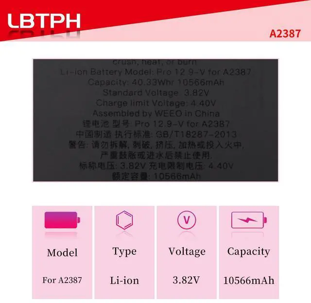 Alt view image 2 of 5 - LBTPH A2387 Battery Replacement Compatible for iPad Pro 12.9 2021, for iPad Pro 5th Gen 12.9 2021 A2378 A2379 A2461 A2462 MHNK3LL/A MHNH3LL/A 3.82V 40.11Wh/10500mAh