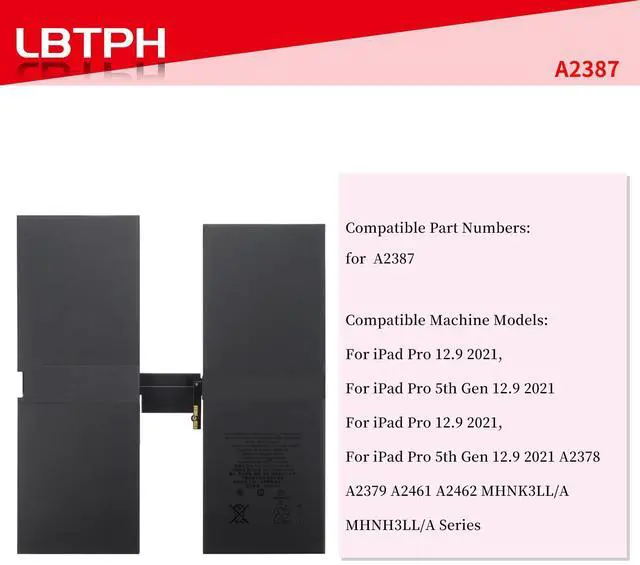 Alt view image 3 of 5 - LBTPH A2387 Battery Replacement Compatible for iPad Pro 12.9 2021, for iPad Pro 5th Gen 12.9 2021 A2378 A2379 A2461 A2462 MHNK3LL/A MHNH3LL/A 3.82V 40.11Wh/10500mAh