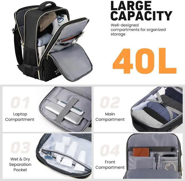 Alt view image 2 of 5 - WINDARS Travel Backpack for Women, Flight Approved Carry On Backpack, Large 40L Suitcase Backpacks Waterproof Luggage Bag Weekender Daypack Fit 17 Inch Laptop, Black