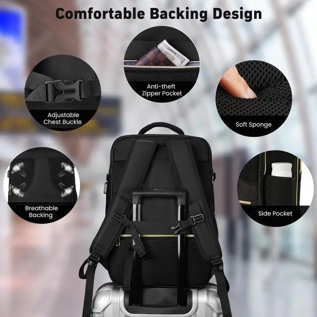 Alt view image 5 of 5 - WINDARS Travel Backpack for Women, Flight Approved Carry On Backpack, Large 40L Suitcase Backpacks Waterproof Luggage Bag Weekender Daypack Fit 17 Inch Laptop, Black