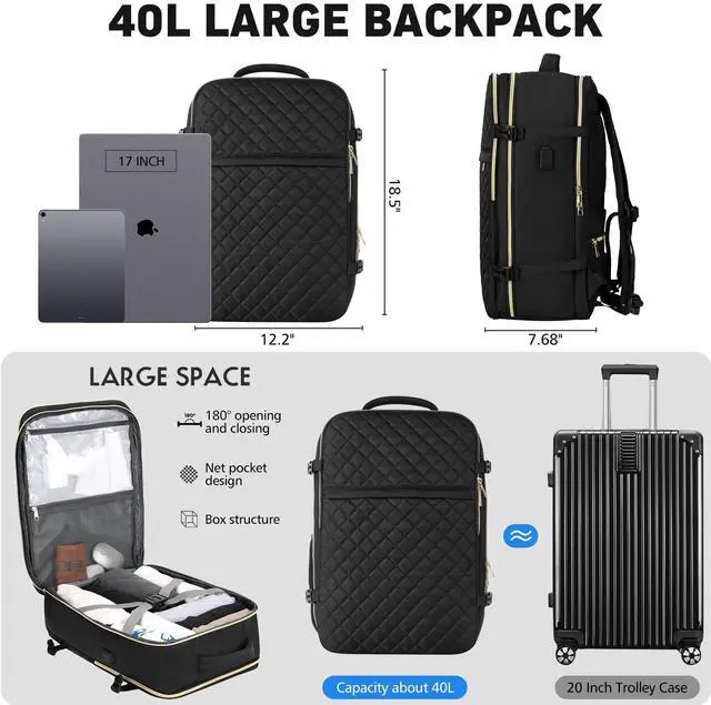 Alt view image 3 of 5 - WINDARS Travel Backpack for Women, Flight Approved Carry On Backpack, Large 40L Suitcase Backpacks Waterproof Luggage Bag Weekender Daypack Fit 17 Inch Laptop, Black