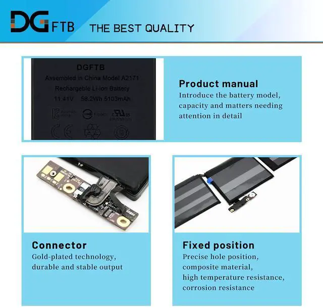 Alt view image 2 of 5 - DGTEC A2171 Laptop Battery for Apple MacBook Touch Pro 13" A2159 Mid 2019 EMC 3301 MUHN2LL/A MUHP2LL/A MUHQ2LL/A MUHR2LL/A MUHR2LL/B MacBook Pro 13 Inch Two Thunderbolt 3 Ports A2159 (11.41V 58.2Wh)
