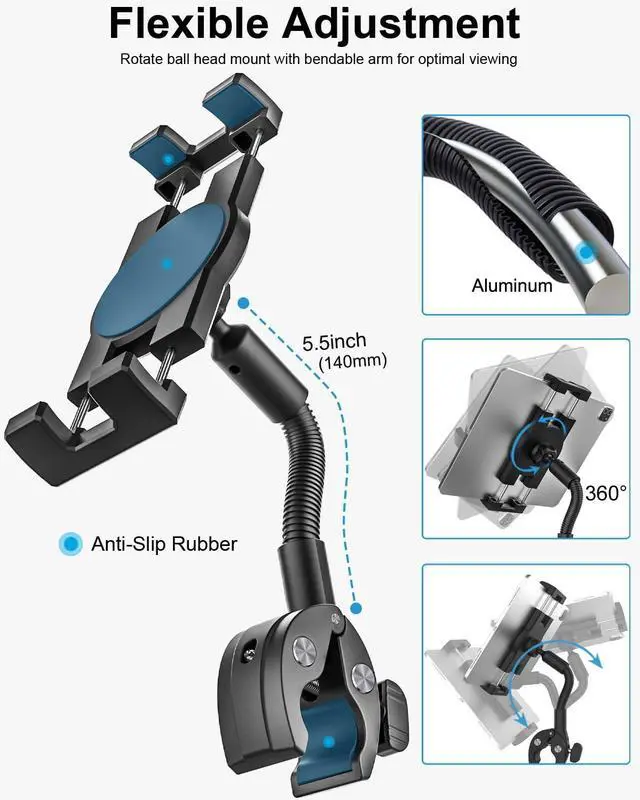 Alt view image 4 of 5 - Gooseneck Bike Tablet Mount, Bike Holder - Adjustable Arm Tablet Holder for Motorcycle, Bicycle Scooter Handlebar Clamp, Compatible with iPad Pro Air Mini, Galaxy Tabs, Z Fold, iPhone, 4.7-13" Devices