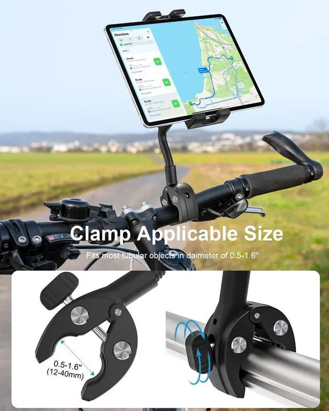 Alt view image 3 of 5 - Gooseneck Bike Tablet Mount, Bike Holder - Adjustable Arm Tablet Holder for Motorcycle, Bicycle Scooter Handlebar Clamp, Compatible with iPad Pro Air Mini, Galaxy Tabs, Z Fold, iPhone, 4.7-13" Devices