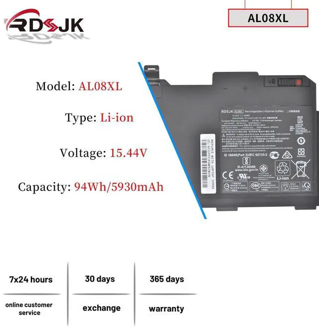 Alt view image 2 of 5 - RDSJ AL08XL AL08 Laptop Battery for HP ZBook Fury 15 G7 ZBook Fury 15 G8 ZBook Fury 17 G7 ZBook Fury 17 G8 Series AL08094XL HSTNN-IB9N L86212-001 HSTNN-OB1S L86155-AC1 L86155-1C1 15.44V 94Wh