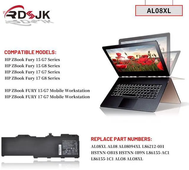 Alt view image 3 of 5 - RDSJ AL08XL AL08 Laptop Battery for HP ZBook Fury 15 G7 ZBook Fury 15 G8 ZBook Fury 17 G7 ZBook Fury 17 G8 Series AL08094XL HSTNN-IB9N L86212-001 HSTNN-OB1S L86155-AC1 L86155-1C1 15.44V 94Wh