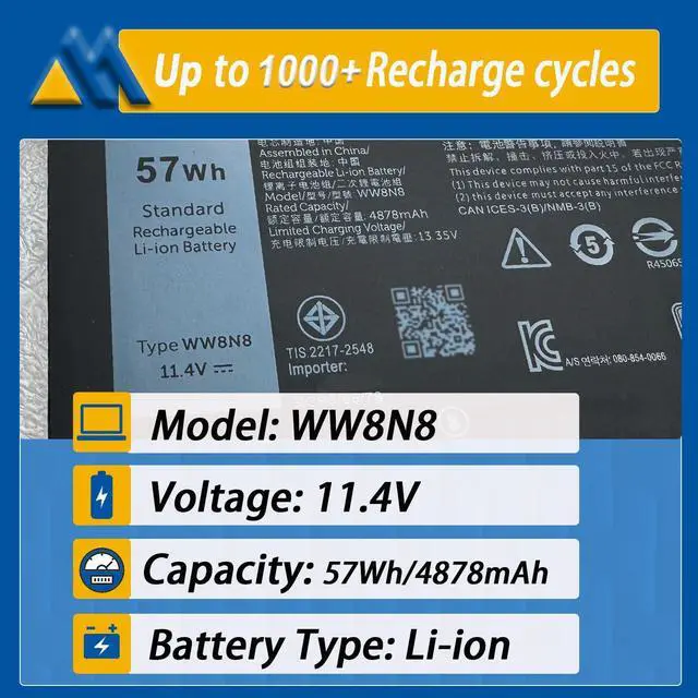 Alt view image 2 of 5 - Mobik 57Wh WW8N8 Laptop Battery Replacement for Dell Latitude 7340 7350 7440 7450 7640 7650 Series Notebook 086D0Y 86D0Y 00HYH8 FH97R 0HYH8 0CTJJ6 66DWX 047T0 0047T0 11.4V 4878mAh
