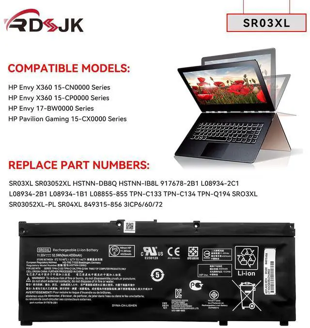 Alt view image 3 of 5 - SR03XL Laptop Battery for HP Pavilion 15-CX 15-CX00 15-CX0058WM Envy x360 15-cn0000 17-bw0000 HSTNN-DB8Q L08934-2C1 L08934-1B1 L08855-855 HSTNN-IB8L SR04XL TPN-C133 C134 TPN-Q194 SR04XL 11.55V 52.5Wh
