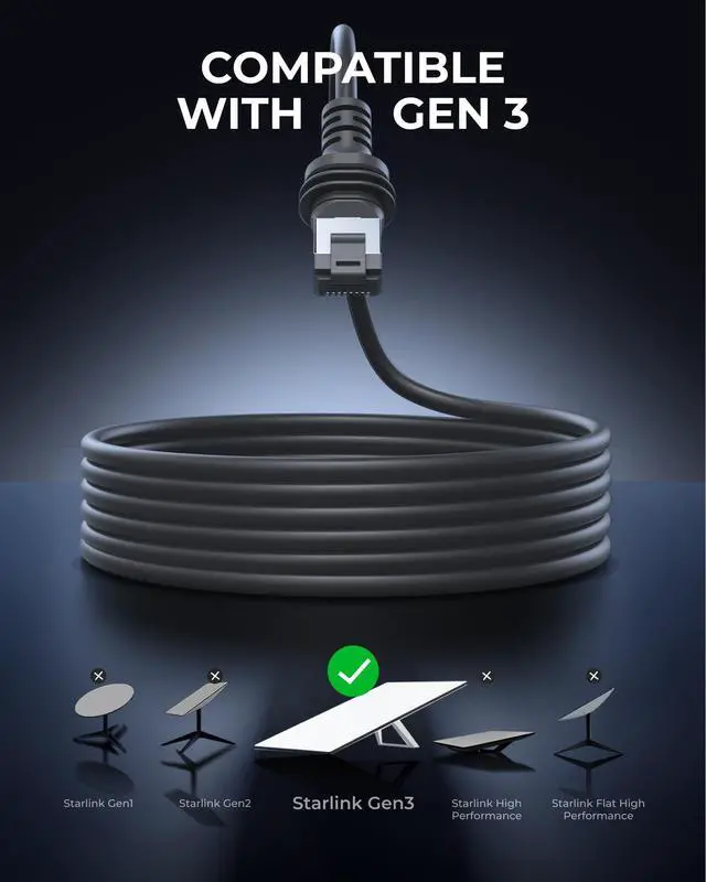 Alt view image 2 of 5 - Fytok Starlink Gen 3 Cable 100FT, Black, Male-to-Male, Cat 6, 26AWG, 120V AC, Heavy Duty, Abrasion Resistant, Waterproof, Compatible with Starlink Gen 3 Rectangular Satellite