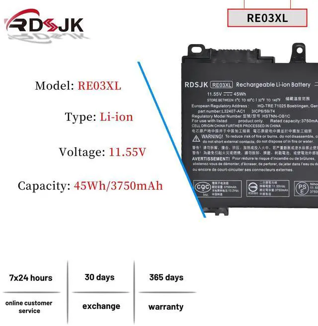 Alt view image 2 of 5 - RE03XL RF03XL Laptop Battery for HP ProBook 430 440 445 450 455R G6 430 440 445 450 G7 HSTNN-OB1C HSTNN-UB7R HSTNN-DB9A L32407-AC1 AC2 L32407-2B1 2C1 L32407-541 L32656-002 L32656-005 RE03045XL 45Wh