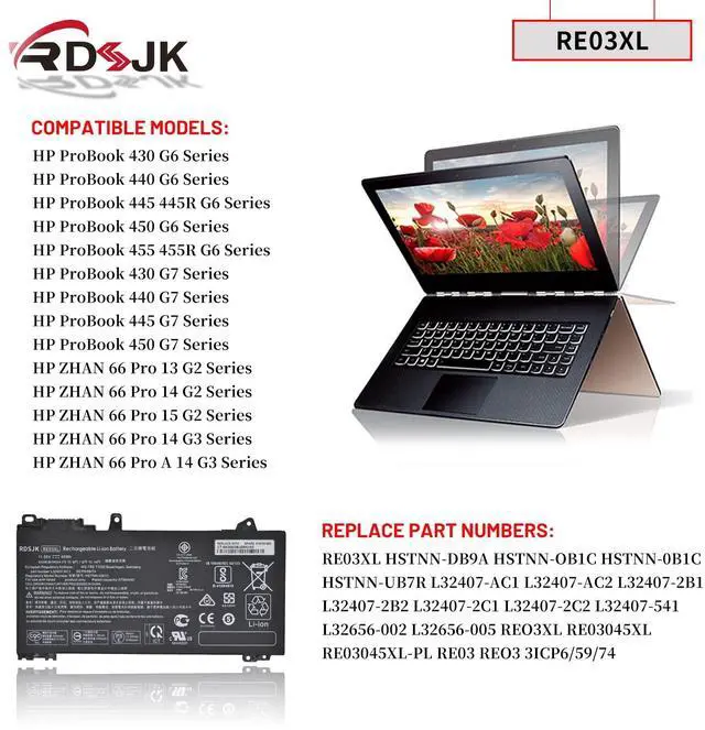 Alt view image 3 of 5 - RE03XL RF03XL Laptop Battery for HP ProBook 430 440 445 450 455R G6 430 440 445 450 G7 HSTNN-OB1C HSTNN-UB7R HSTNN-DB9A L32407-AC1 AC2 L32407-2B1 2C1 L32407-541 L32656-002 L32656-005 RE03045XL 45Wh