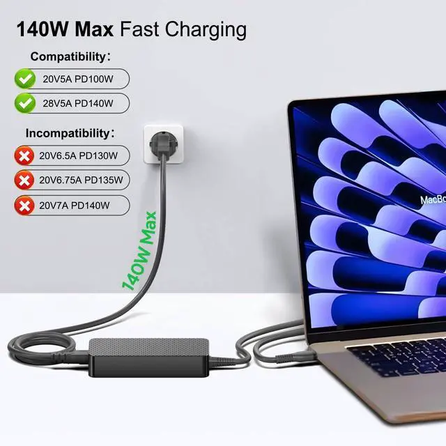 Alt view image 3 of 5 - 140W USB C Charger TAIFU PD3.1 GaN 28V 5A USB-C Power Adapter for Pioneer DDJ-FLX4 Rekordbox Software DJ Controller, LG Gram Laptop, Msi Prestige 14 16 AI Studio Summit E16 AI Studio eero PoE Gateway