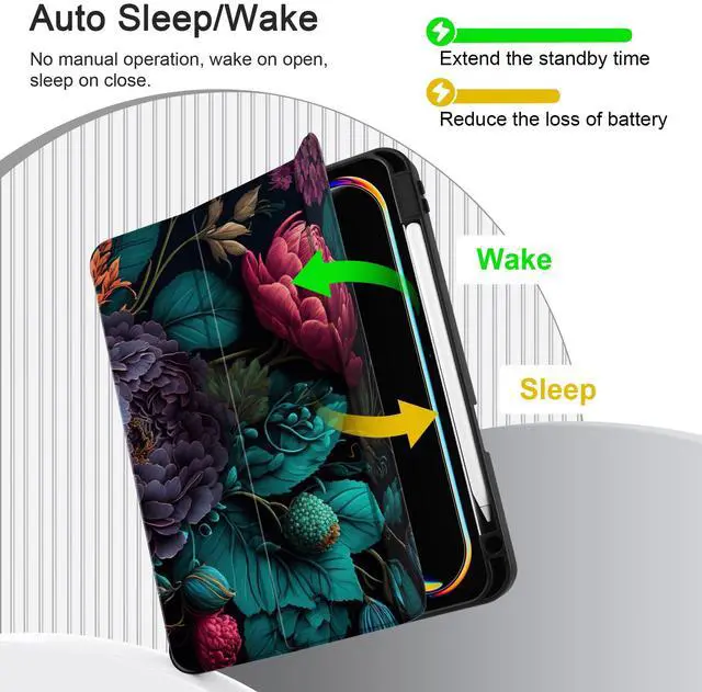 Alt view image 3 of 5 - Yebiseven Case for M4 iPad Pro 11 inch 2024 Released Model A2836/A2837/A3006, Shockproof Tablet Case with Pencil Holder & Auto Wake/Sleep & Soft TPU Back Cover, Vibrant Flower