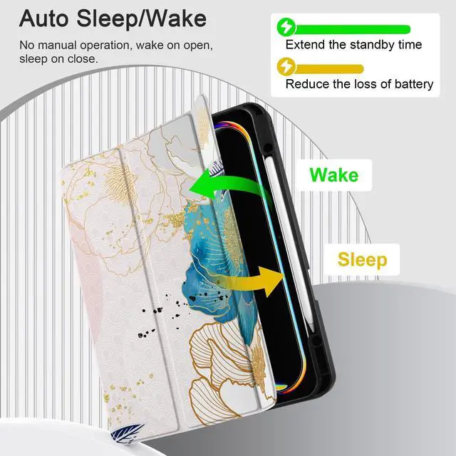 Alt view image 3 of 5 - Yebiseven Case for M4 iPad Pro 13 inch 2024 Released Model A2925/A2926/A3007, Shockproof Tablet Case with Pencil Holder & Auto Wake/Sleep & Soft TPU Back Cover, Golden Peony