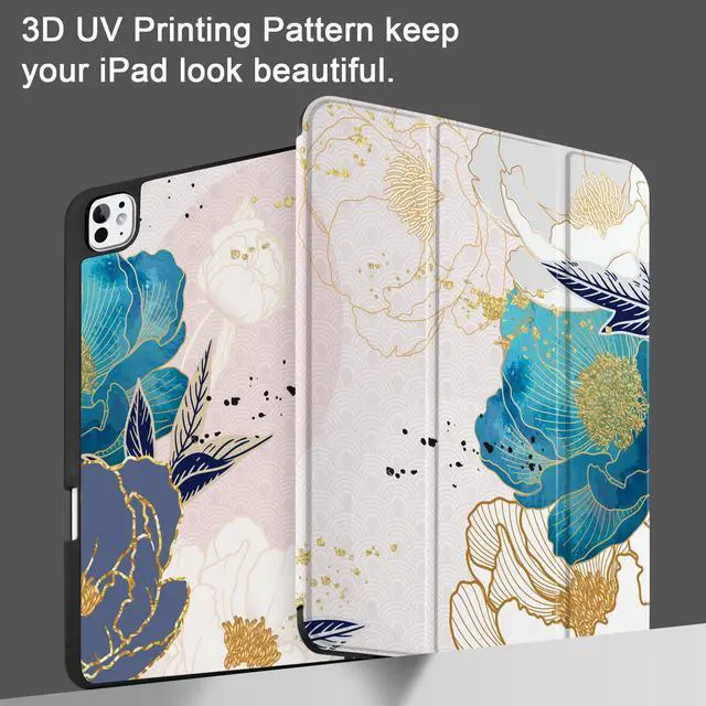 Alt view image 2 of 5 - Yebiseven Case for M4 iPad Pro 13 inch 2024 Released Model A2925/A2926/A3007, Shockproof Tablet Case with Pencil Holder & Auto Wake/Sleep & Soft TPU Back Cover, Golden Peony