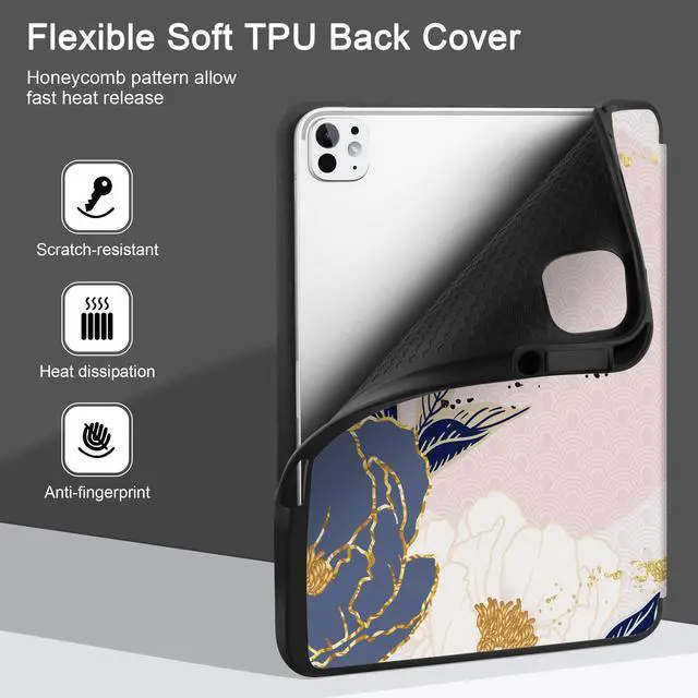 Alt view image 5 of 5 - Yebiseven Case for M4 iPad Pro 13 inch 2024 Released Model A2925/A2926/A3007, Shockproof Tablet Case with Pencil Holder & Auto Wake/Sleep & Soft TPU Back Cover, Golden Peony